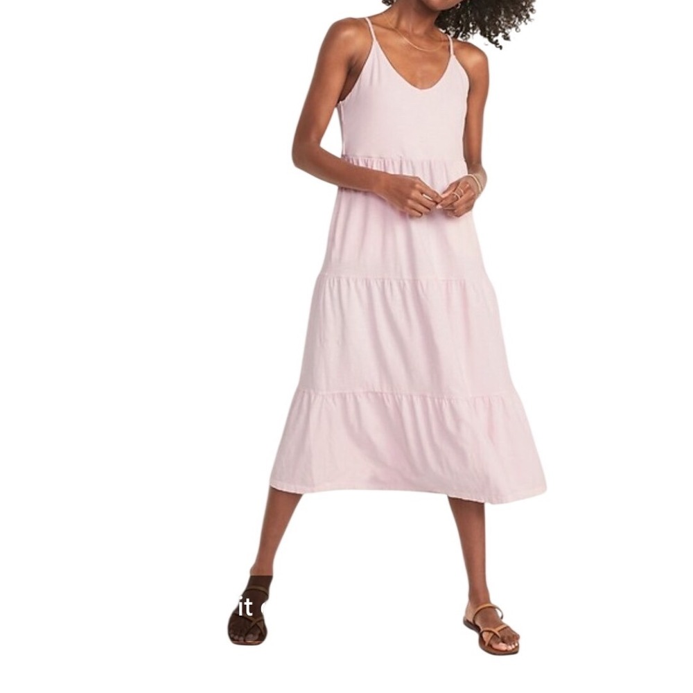 Old Navy Pink Knit Tiered Midi Dress Tie Back Medium Beachy Vacation Pastel Soft
